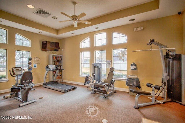 workout area featuring a tray ceiling and ceiling fan