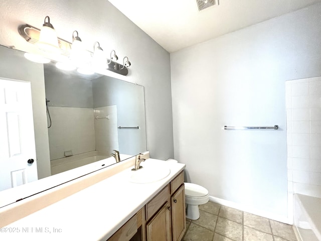 full bathroom featuring vanity, toilet, and independent shower and bath