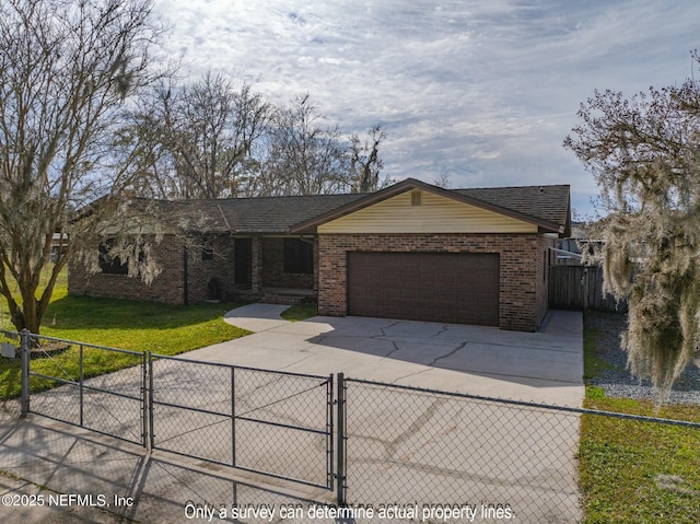 ranch-style home featuring a front yard and a garage