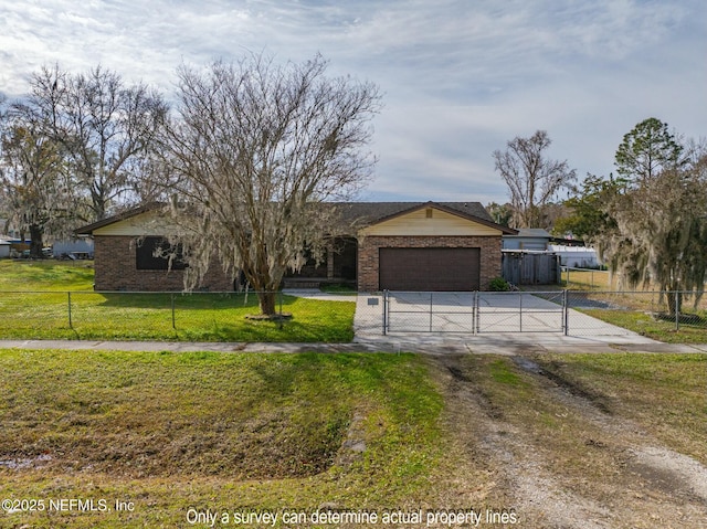 ranch-style house with a front yard and a garage