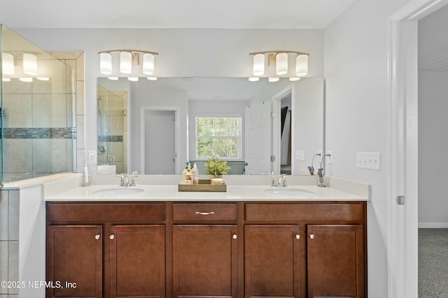 bathroom with a shower with door and vanity