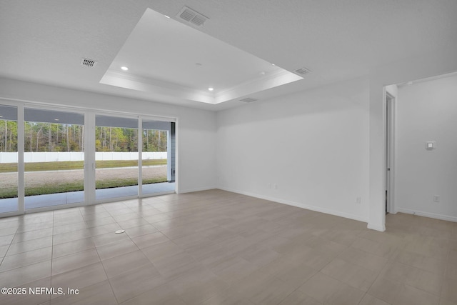 spare room with a raised ceiling