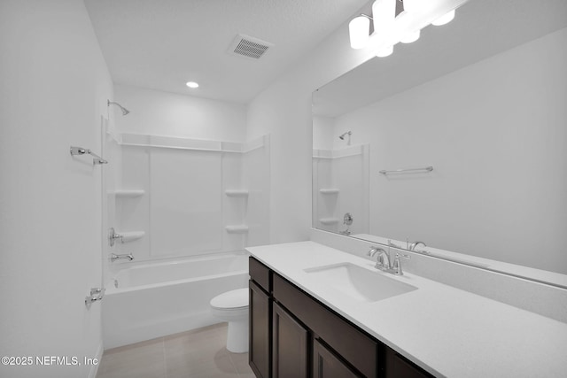 full bathroom with shower / bathtub combination, vanity, toilet, and tile patterned floors