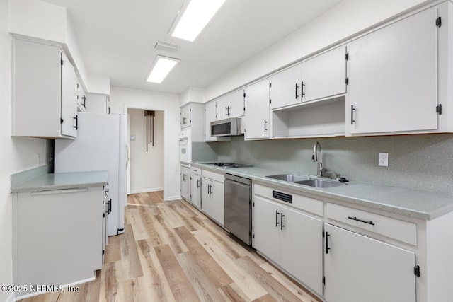 kitchen featuring backsplash, sink, appliances with stainless steel finishes, light hardwood / wood-style floors, and white cabinetry