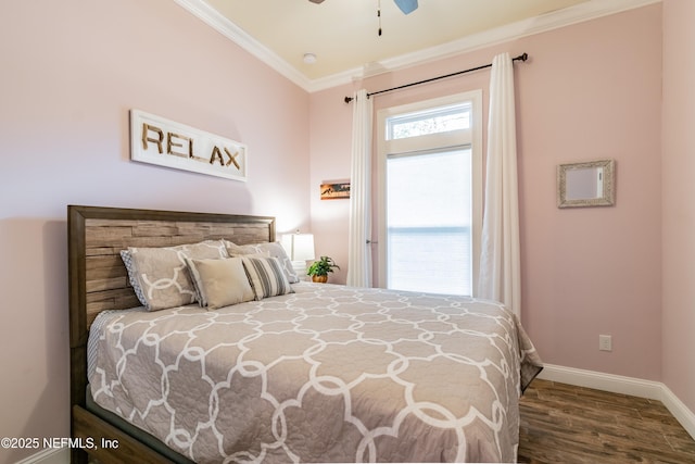 bedroom with ornamental molding and dark wood-type flooring