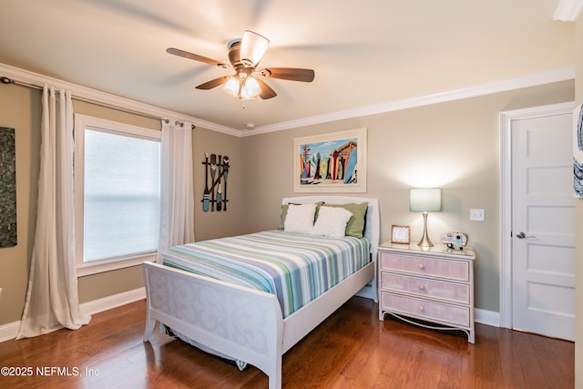 bedroom with ceiling fan, crown molding, and dark wood-type flooring