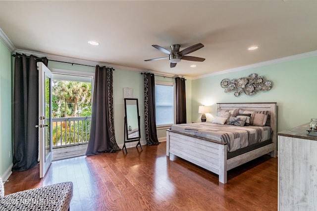 bedroom featuring ceiling fan, access to outside, dark hardwood / wood-style floors, and crown molding