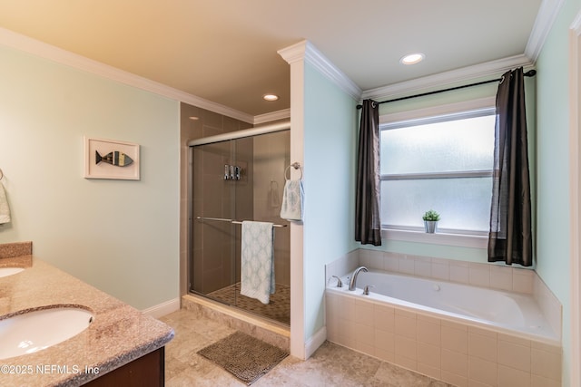 bathroom with ornamental molding, vanity, plus walk in shower, and tile patterned floors