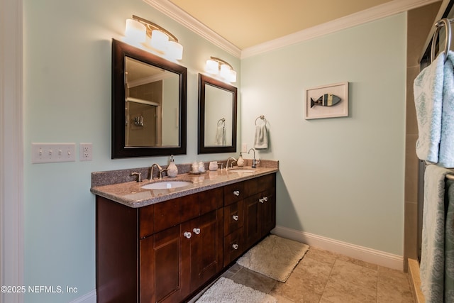 bathroom with vanity, an enclosed shower, and ornamental molding