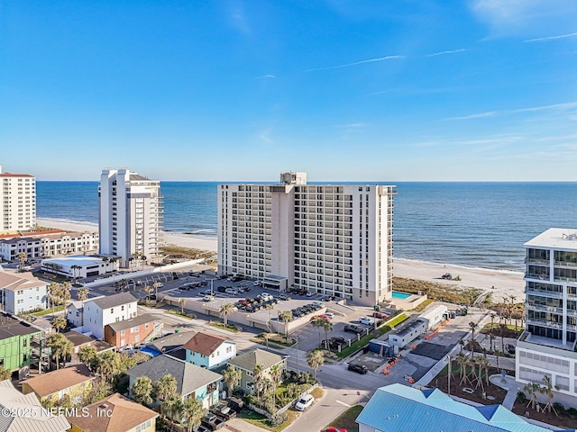 bird's eye view with a water view and a view of the beach