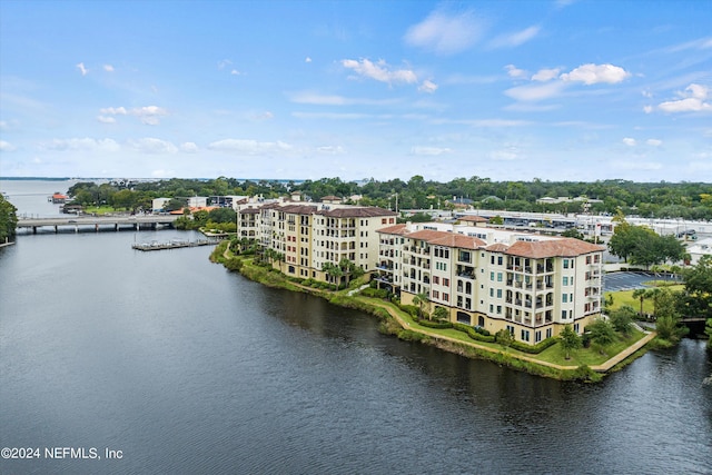 drone / aerial view with a water view