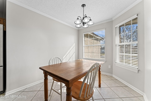 unfurnished dining area featuring crown molding, light tile patterned floors, a textured ceiling, and a chandelier