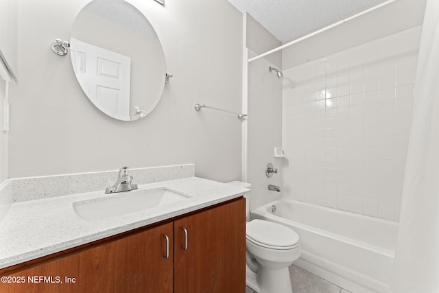 full bathroom featuring vanity, toilet, shower / bathtub combination with curtain, tile patterned floors, and a textured ceiling