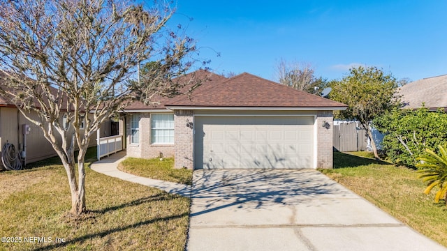 ranch-style house with a garage and a front lawn