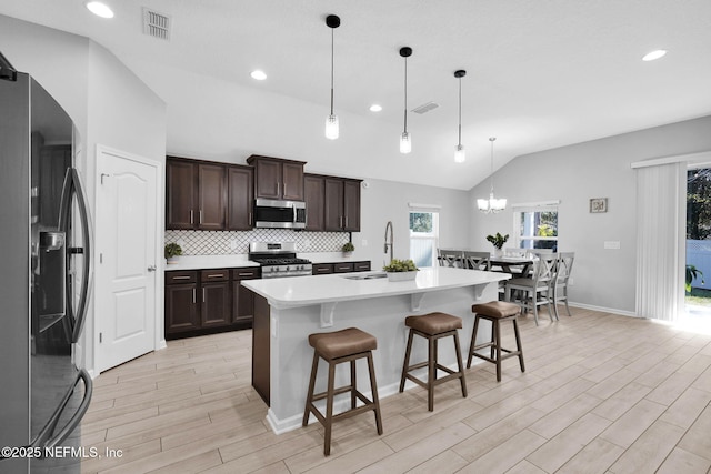 kitchen featuring a kitchen breakfast bar, an island with sink, pendant lighting, lofted ceiling, and appliances with stainless steel finishes