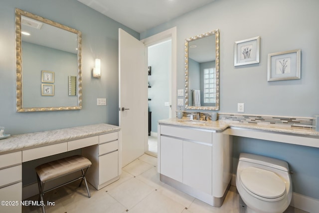 bathroom with toilet, tile patterned flooring, decorative backsplash, and vanity