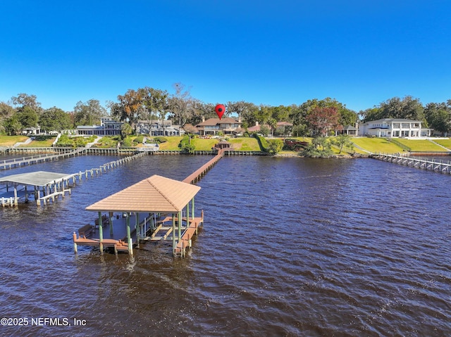 view of dock with a water view