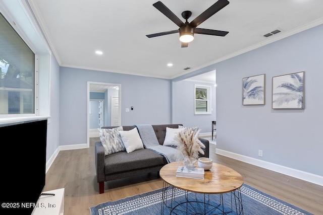 living room with crown molding, light wood-type flooring, and ceiling fan