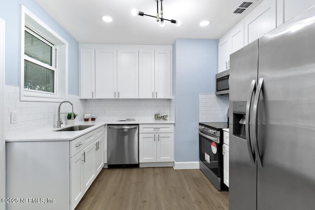 kitchen with sink, backsplash, white cabinetry, light hardwood / wood-style floors, and stainless steel appliances