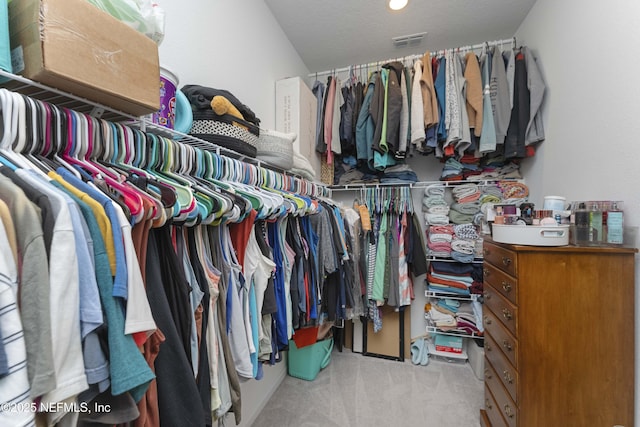 spacious closet featuring light colored carpet