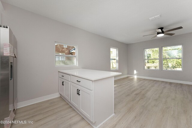 kitchen featuring ceiling fan, white cabinetry, kitchen peninsula, and light hardwood / wood-style flooring