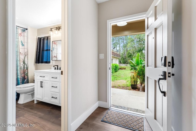 entrance foyer featuring dark wood-style floors and baseboards