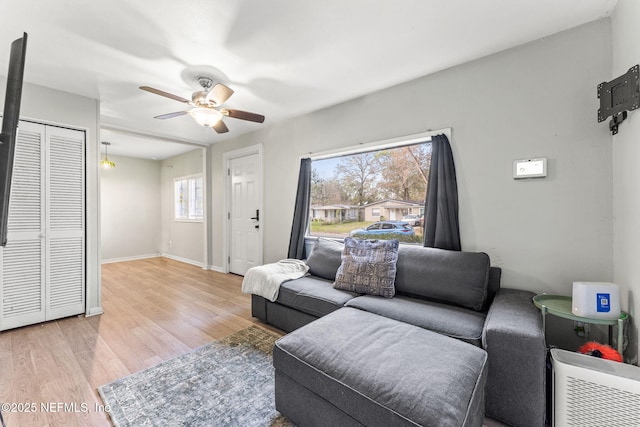 living room featuring ceiling fan and light wood-type flooring