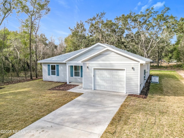 single story home featuring a garage and a front lawn