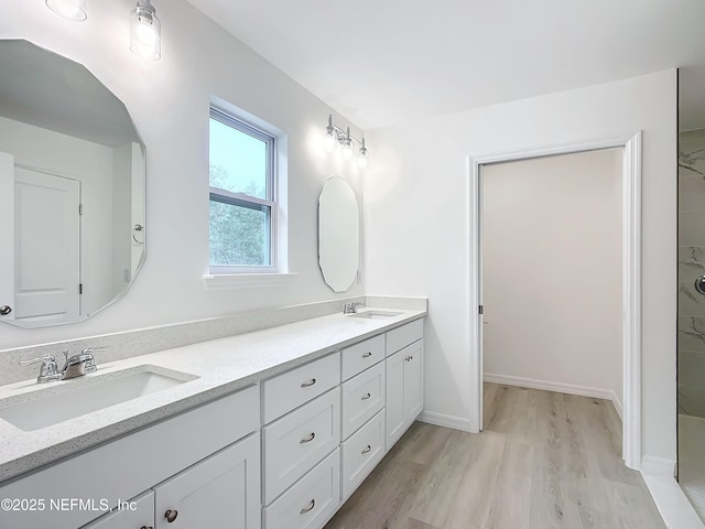 bathroom with vanity and hardwood / wood-style floors