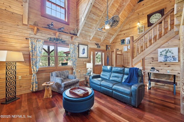 living room featuring dark hardwood / wood-style floors, high vaulted ceiling, wooden walls, wooden ceiling, and beam ceiling