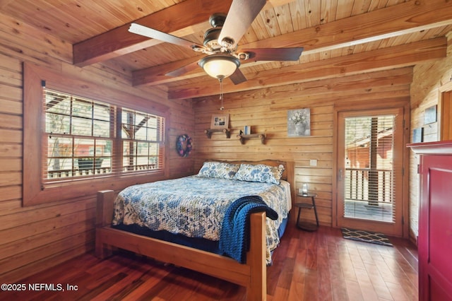 bedroom with beam ceiling, wooden ceiling, dark hardwood / wood-style floors, and wood walls