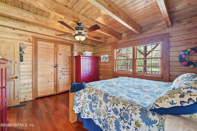 bedroom featuring wood walls, dark hardwood / wood-style floors, beam ceiling, and wooden ceiling