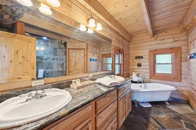 bathroom featuring wood ceiling, shower with separate bathtub, vanity, wooden walls, and beam ceiling