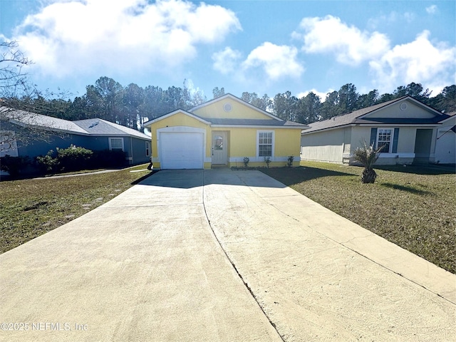 ranch-style home with a front yard and a garage