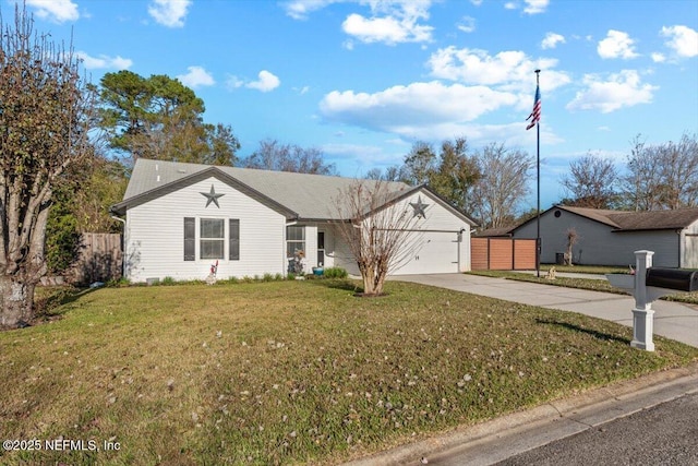 ranch-style home with a garage and a front lawn