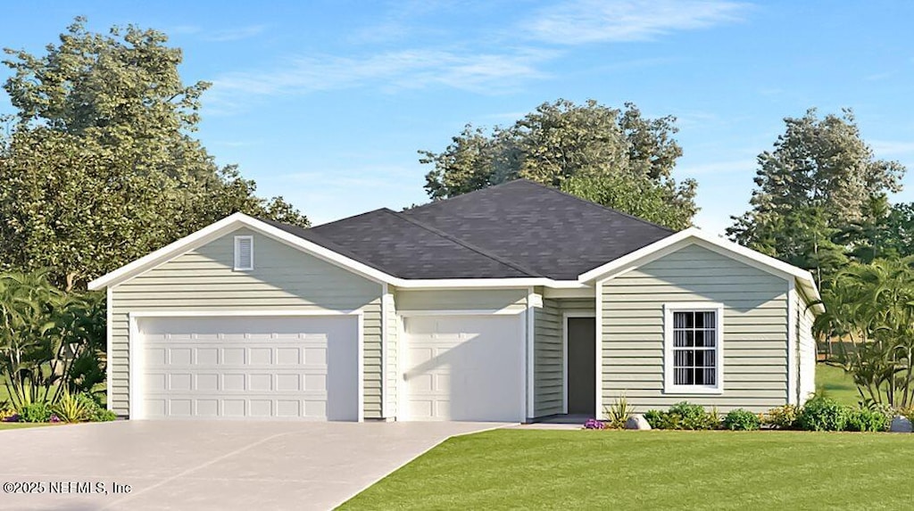 single story home featuring a front yard and a garage