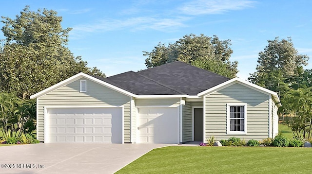 single story home featuring a front yard and a garage