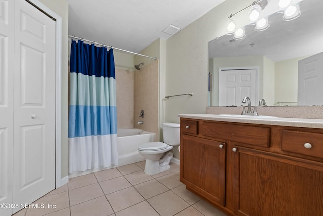 full bathroom with tile patterned floors, vanity, shower / bath combo, and toilet