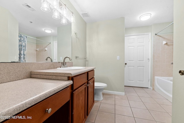 full bathroom with tile patterned floors, vanity, shower / bath combination with curtain, and toilet