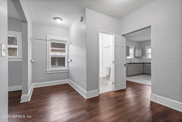 interior space featuring a textured ceiling, sink, and dark wood-type flooring