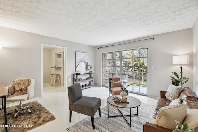 living room featuring a textured ceiling