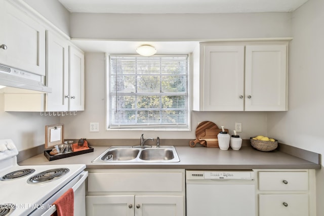 kitchen featuring white cabinets, white appliances, sink, and range hood