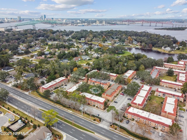 drone / aerial view with a water view