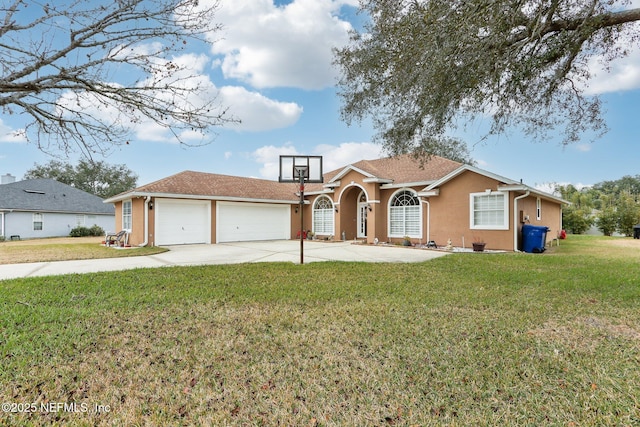 ranch-style home with a front lawn and a garage