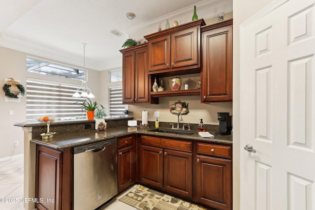 kitchen with ornamental molding, sink, stainless steel dishwasher, and kitchen peninsula