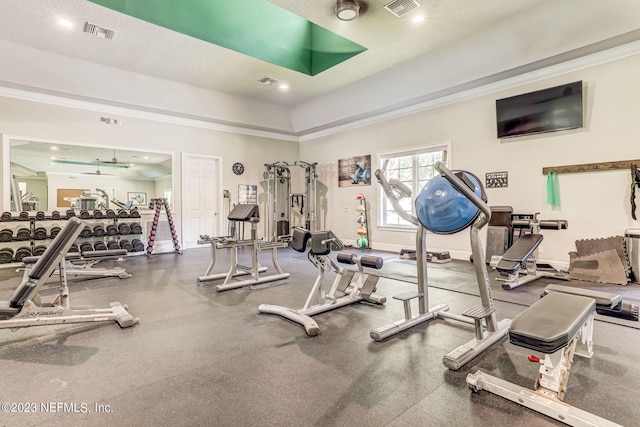 workout area with ceiling fan, crown molding, and a tray ceiling