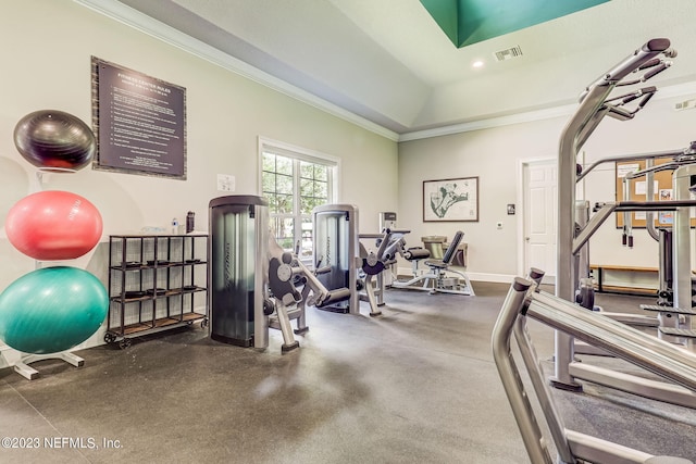 gym featuring a tray ceiling and crown molding