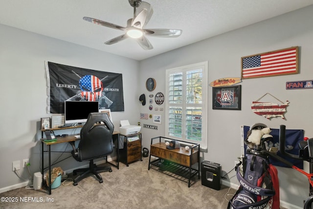 office with ceiling fan and light colored carpet