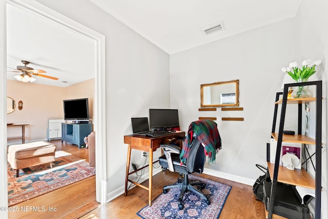 office featuring ceiling fan and hardwood / wood-style flooring