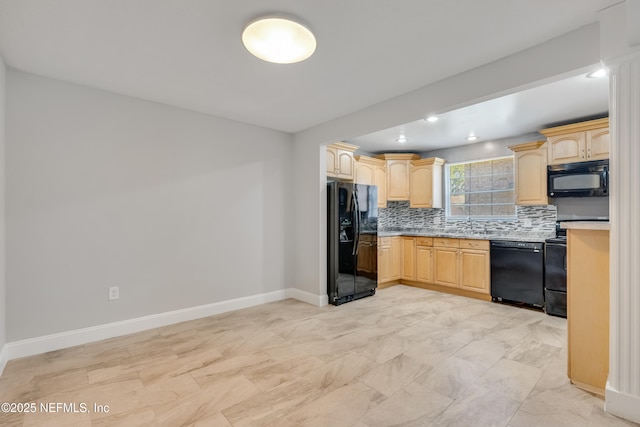 kitchen with sink, light brown cabinetry, backsplash, and black appliances